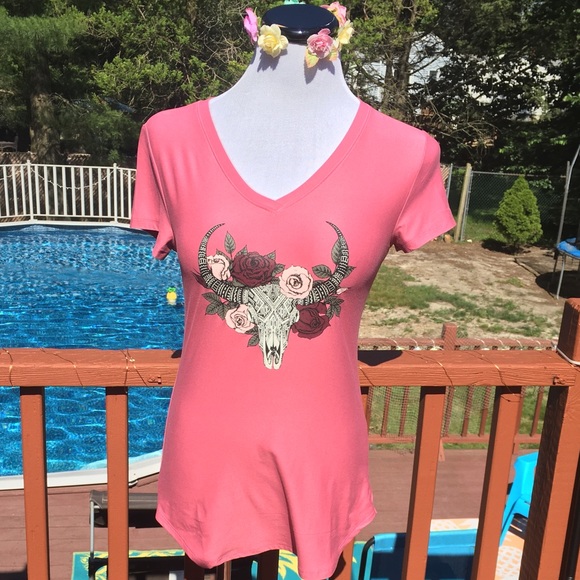 No Boundaries Tops - Pink cow skull tee
